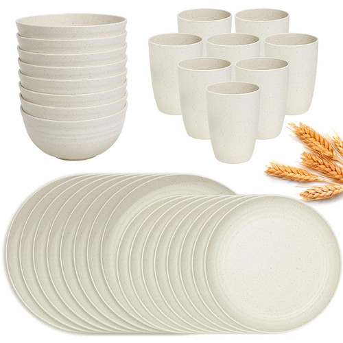 YKMUHOYNK 32Pcs Wheat Straw Dinnerware Sets, Camping Dishes Plates Cups Lightweight Unbreakable Dinner Ware Microwave Dishwasher Safe Kids Dinnerware Set for Camping Picnic RV Dorm
