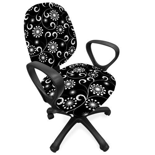 Lunarable Black and White Office Chair Slipcover, Abstract Curls with Flowers Retro Composition Foliage Silhouettes, Protective Stretch Decorative Fabric Cover, Black and White Lunarable Black and White Office Chair Slipcover, Abstract Curls with Flowers Retro Composition Foliage Silhouettes, Protective Stretch Decorative Fabric Cover, Black and White