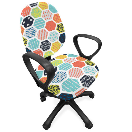 Lunarable Retro Modern Office Chair Slipcover, Hand Drawn Doodle Ornament of Honeycomb Scribbled and Dotted Style Print, Protective Stretch Decorative Fabric Cover, Multicolor