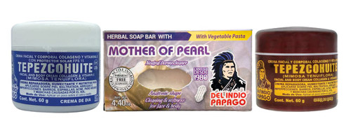 Del Indio Papago Tepezcohuite Day & Night Skin Creams (60g) / (2oz) + Mother of Pearl Soap (125g) BUNDLE!!! Del Indio Papago Tepezcohuite Day & Night Skin Creams (60g) / (2oz) + Mother of Pearl Soap (125g) BUNDLE!!!
