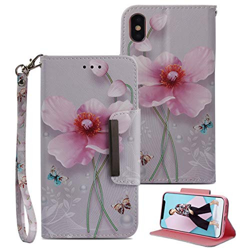 iPhone Xs Max Case, iPhone Xs Max Wallet Case, Etubby [Wallet Stand] PU Leather Wallet Flip Protective Case with Card Slots and Wrist Strap for Apple iPhone Xs Max 6.5" (2018) - Flower