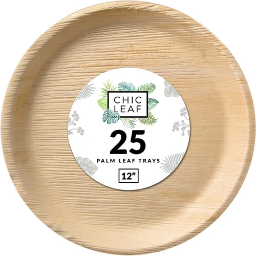 Chic Leaf Palm Leaf Trays Like Bamboo Disposable Serving Tray 12 Inch Round (25 Pc) - Disposable Charcuterie Board Biodegradable and Compostable - Disposable Trays for Wedding and Party Boards