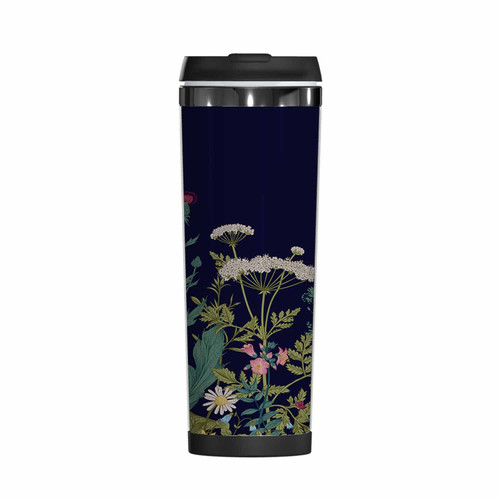 WONDERTIFY Floral Border Coffee Cup Herbs Wild Flowers Botanical Floral Plants Coffee Mug Stainless Steel Bottle Double Walled Thermo Travel Water Metal Canteen Navy Blue