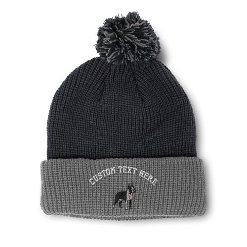 Custom Pom Pom Beanies for Women Boston Terrier Dog A Embroidery Skull Cap Bulldog Dogs Winter Hats for Men Acrylic 1 Size Black Grey Personalized Text Here