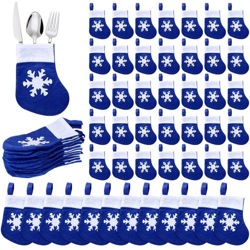 60 Pcs Liliful 36 Pcs Mini Christmas Stockings Blue Christmas Socks Decoration Tableware Holders Silverware Holder Snowflake Xmas Spoon Knife Fork Bag for Christmas Party Dinner Table Decorations