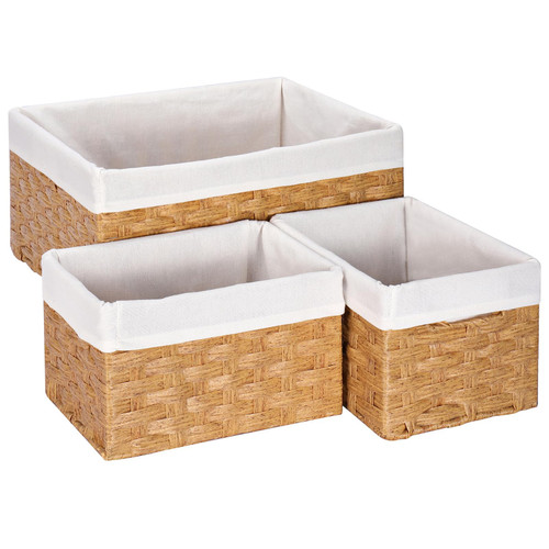 Wicker Storage Basket, Vagusicc Set of 3 Plastic Wicker Baskets, Waterproof Rectangle Woven Storage Basket for Toilet Shelf Baskets with Liners Storage Baskets for Shelves Bathroom Pantry, Natural