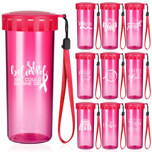 Uiifan 10 Pcs Breast Cancer Awareness Gifts 14.5 oz Pink Ribbon Breast Cancer Survivor Gifts Plastic Water Bottles Inspirational Breast Cancer Awareness Cups Breast Cancer Gifts for Women