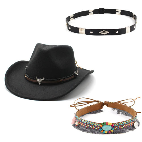 GRNUS Mens Felt Western Cowboy Hat Fedora Outdoor Wide Brim Cowgirl Hat for Women (Black with Hat Belt) GRNUS Mens Felt Western Cowboy Hat Fedora Outdoor Wide Brim Cowgirl Hat for Women (Black with Hat Belt)