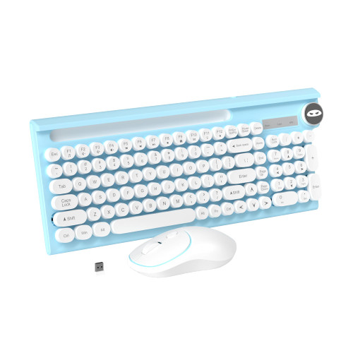 Typewriter Style Wireless Keyboard and Mouse Combo, Wireless Keyboard Mute Keyboard 2.4G with Cute Retro Round Keycap Ergonomic Design and Waterproof Keyboard Mouse Combo, White & Blue