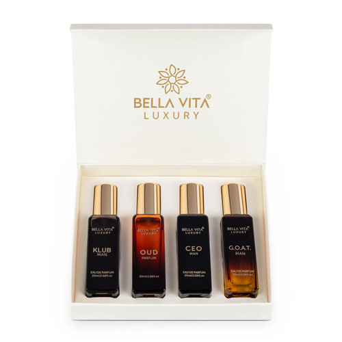 Bella Vita Organic Man Luxury Perfume Gift Set 4x20 ML for Men with Dominus, Oud, CEO, Impact Perfume|Woody, Citrusy Long Lasting EDP & EDC Fragrance Scent |80 ML