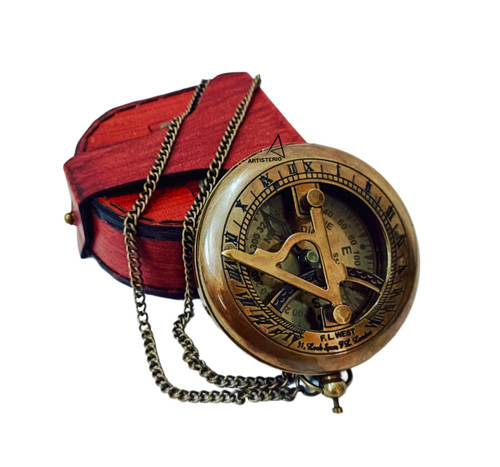 ARTISTERIO Nautical Brass Sundial Compass with Leather Case and Chain - Push Open Compass - Steampunk Accessory - Antiquated Finish - Beautiful Handmade Gift -Sundial Clock