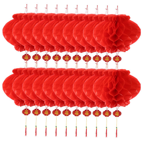 UKCOCO 20pcs Waterproof Red Lantern New Year Pom Pom 2023 Chinese New Year Garlands Chinese Celebration Lantern The Festival Lanterns Honeycomb Pom Pom Chinese Knot Plastic Paper Wedding