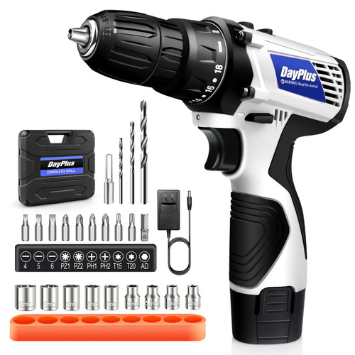 Cordless Power Drill Driver 3/8" Chuck Electric Drill 1300mAh Lithium-ion Battery 18+1 Position 2 Variable Speed Compact Drill Set Screwdriver with 23 Pieces Accessories and Carry Case