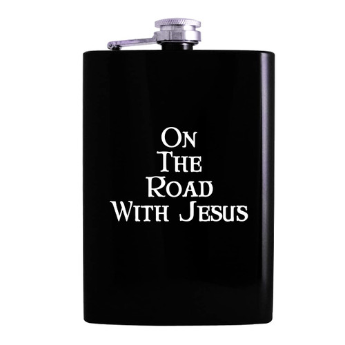 On The Road With Jesus - 8oz Hip Alcohol Drinking Flask, Black