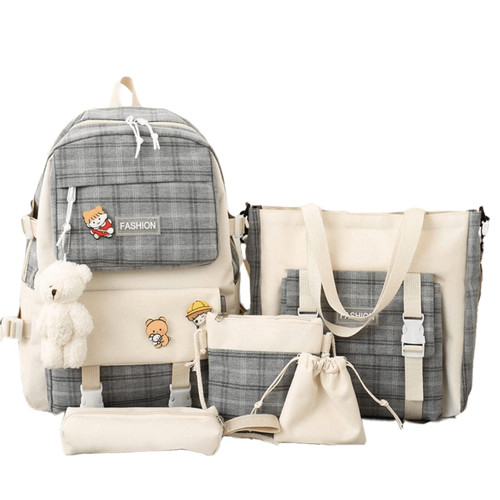 5Pcs Canvas Kawaii Backpack Combo Set with Cute Bear Pendant Pins Plaid Check Handle Shoulder Tote Daypack Bag Kit (Grey)