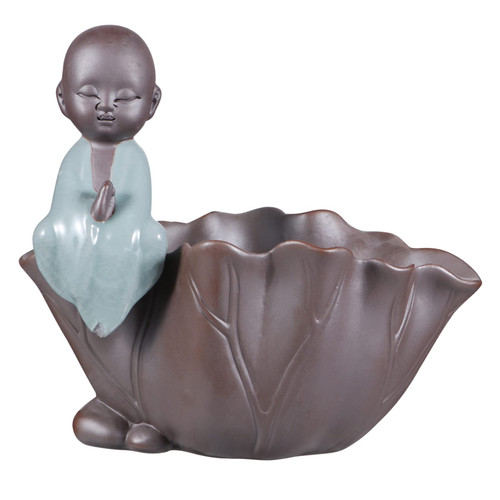 JEWEDECO Purple Clay Hydroponic Flower Pot Chinese Style Planter Resin Flower Vase Ceramic Pen Pots for Indoor Plants Little Monk Figure Artificial Plants Office Hydroponic Basin Ceramics