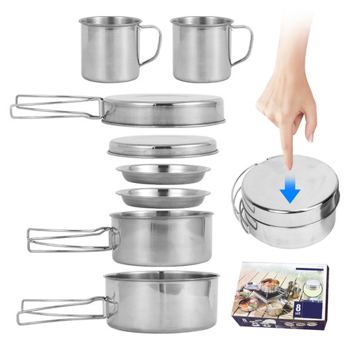 Ckuakiwu Stainless Steel Camping Cookware Mess Kit,Camping Cooking Set 8Pcs Stainless Steel Camping Cookware Portable Cooking Pot and Pan Set with Plates Cups for 5-6 Adults Outdoor Hiking Picnic BBQ