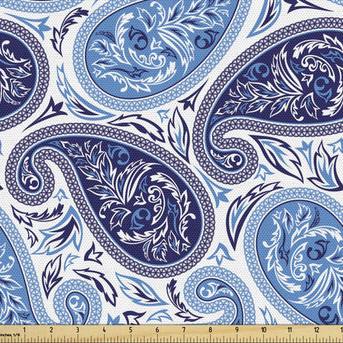 Lunarable Paisley Fabric by The Yard, Iranian Paisley Contrasting Color Palette Oriental Pattern Teardrop Shape, Decorative Fabric for Upholstery and Home Accents, 3 Yards, Navy Blue