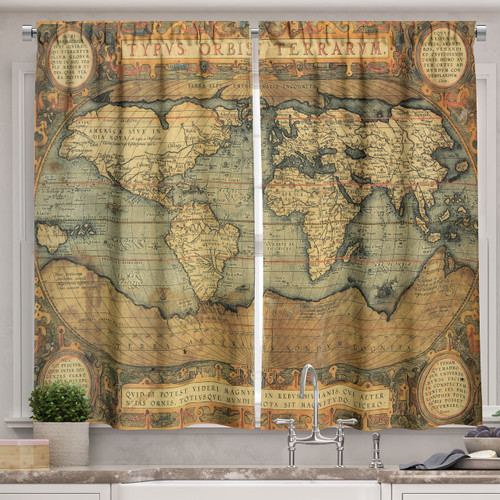 Ambesonne World Map Kitchen Curtains, Old Chart Vintage Composition of 16th Century Atlas Print, Window Drapes 2 Panel Set for Kitchen Cafe Decor, 55" X 39", Sand Blue