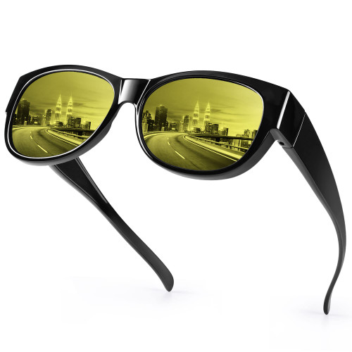 URUMQI Night Vision Glasses Fit Over Glasses for Women, Anti Glare Polarized Night Time Driving Glasses Trendy Cat Eye Yellow Lens