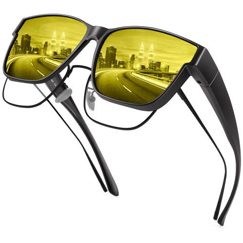 URUMQI Night Vision Glasses Fit Over Glasses for Men Women, Anti Glare Polarized Nighttime Driving Glasses Yellow Lens