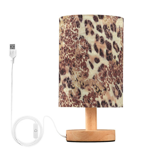 Leopard Print Table Lamp Bedside Nightstand Lamps for Bedrooms - Bedside Lamps for Nightstand, Wood Base Round Flaxen Fabric Shade for Living Room, Office Desk