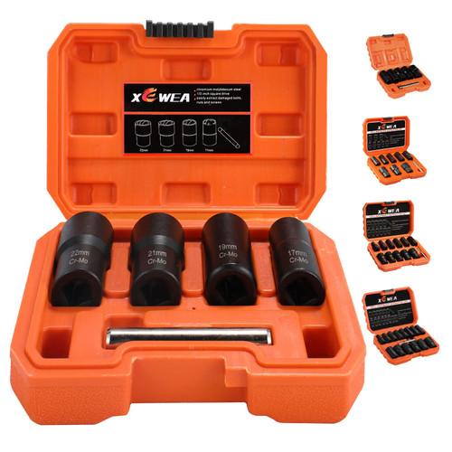 XEWEA Bolt Nut Extractor Set, 5PCS 1/2 Drive Easy Out Broken Wheel Tire Lug Nut Extraction/Remover Socket Set for Damaged, Frozen,Studs, Rounded Stripped Bolts & Nuts Screws