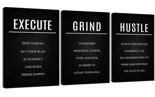 3 Piece Inspirational Wall Art Motivational Wall Art Hustle Grind Execute Wall Art Set Quotes Wall Decor Office Art Motivational Poster Motivational Canvas Wall Art for Office Decor (12''Wx16''Hx3PCS)