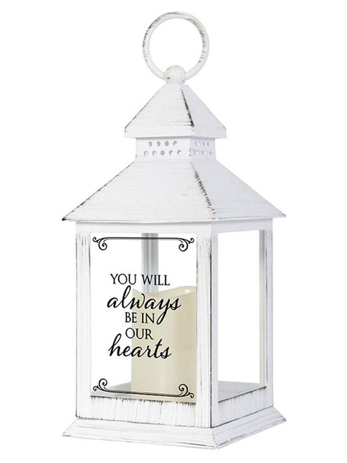 Distressed White Memorial Lantern with Flameless Candle (Always in Our Hearts)