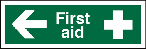 Seco First Aid - Arrow Pointing Left, First Aid, First Aid Cross Sign 300mm x 100mm - 1mm Semi Rigid Plastic