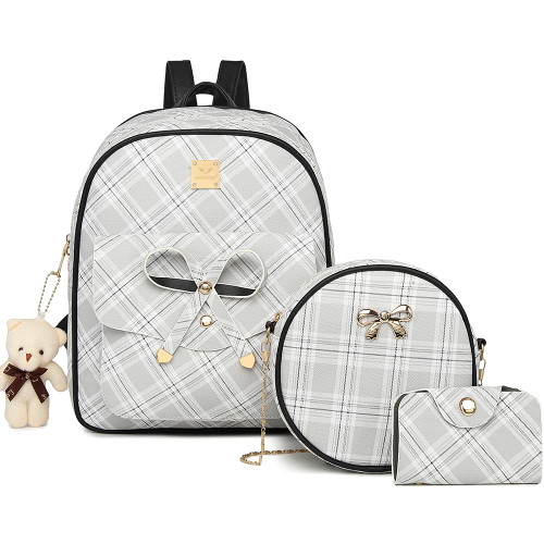 MACCINELO Cute PU leather 3pcs set backpack mini purse shoulder bag for women teen girls Rucksack for Ladies Shoulder Bag (Plaid/grey)