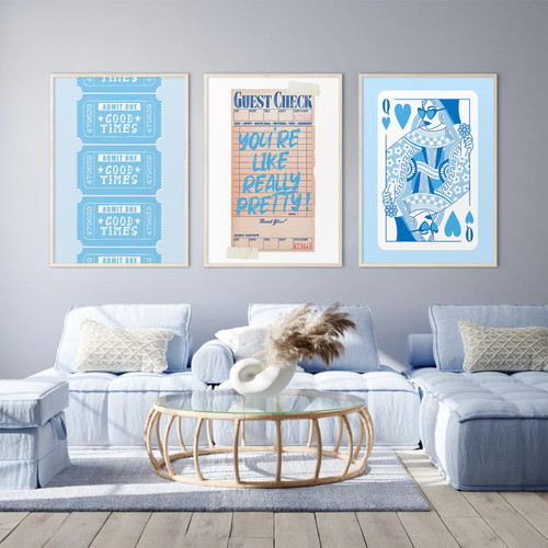 Preppy Wall Art Guest Check Trendy Wall Decor Retro Aesthetic Canvas Wall Art Poker Funky Poster Queen Trendy Pictures Blue Vintage Prints Painting for Room Bedroom 16x24 Inch Unframed Set of 3
