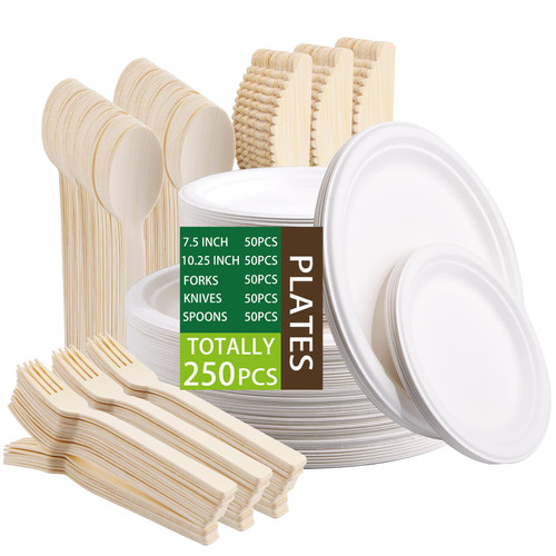 Hioasis 250pcs Biodegradable Paper Plates - Eco-friendly Compostable Plates, Heavy Duty Nature Plates Microwaveable include 10inch Plates,7inch Plates,Forks,Knives,Spoons for Party,Camping,Picnics