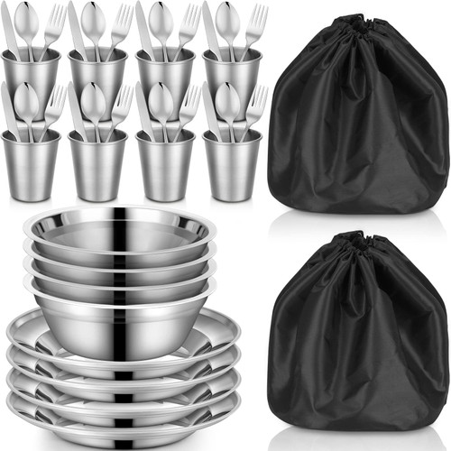 50 Pcs Camping Mess Kit, Polished Stainless Steel Dishes Set, Portable Dinnerware Utensils Tableware with Cups, Plates, Bowls, Mesh Bag for Backpacking Hiking Camping Travel Picnic, 8 Person Set