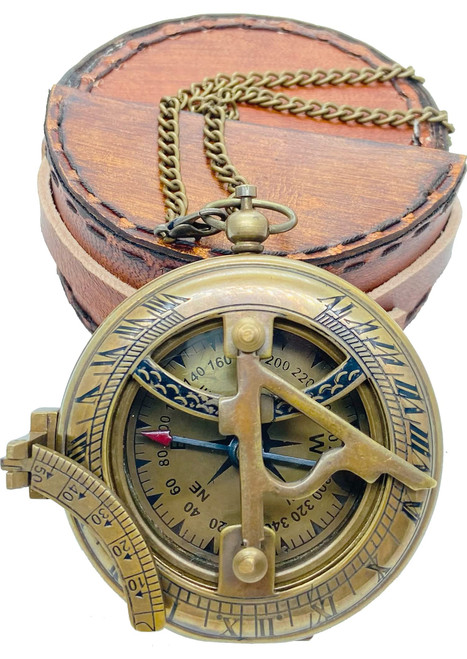 Brass Sundial Compass with Leather Case and Chain, Push Open Compass, Antique Steampunk Accessory for Touring