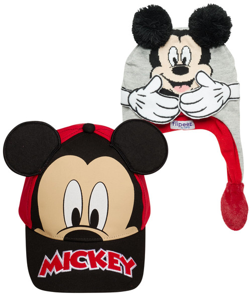Disney Boys' Mickey Mouse Hat Set - 2 Pack Flipeez Winter Beanie with Ear Flaps and Baseball Cap (Age 4-7), Size Age 4-7, RedGrey Mickey Mouse