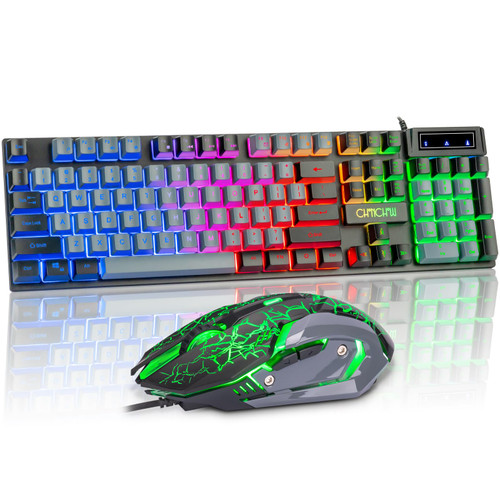 CHONCHOW RGB Gaming Keyboard and Mouse Rainbow Backlit USB Keyboard Wired Mechanical Feel 4D 3600DPI Mice for Ps5/Ps4,Xbox,PC,Desktop (Black&Gray)