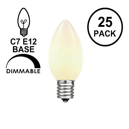 Novelty Lights 25 Pack C7 Outdoor String Light Ceramic Christmas Replacement Bulbs, White, C7/E12 Candelabra Base, 5 Watt