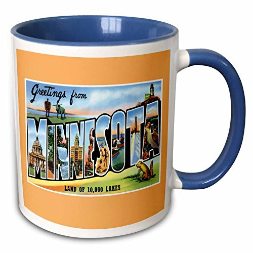 3dRose 170238_6 Greetings From Minnesota Land Of 10000 Lakes Scenic Postcard Two Tone Mug, 11 oz, Blue