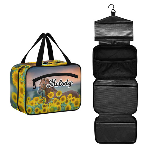 Custom Horse Sunflowers Hanging Cosmetic Bags for Women Personalized Travel Toiletry Bag Large Waterproof Makeup Organizer Bag Customized Travel Bag for Luggage,M