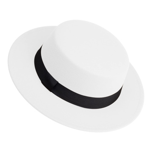 Classic Fedora Hat Flat Top Hat Felt Pork Pie Hat Wide Brim Church Derby Cap for Women and Men White