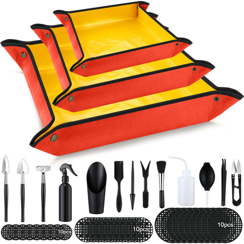 Umigy 3 Pcs Repotting Mat for Indoor Plants Portable Potting Tray with 30 Mesh Pads 13 Mini Garden Tools for Mess Control, 39.4'' x 39.4'', 29.5'' x 29.5'', 19.7 ''x 19.7'' (Stylish Style)