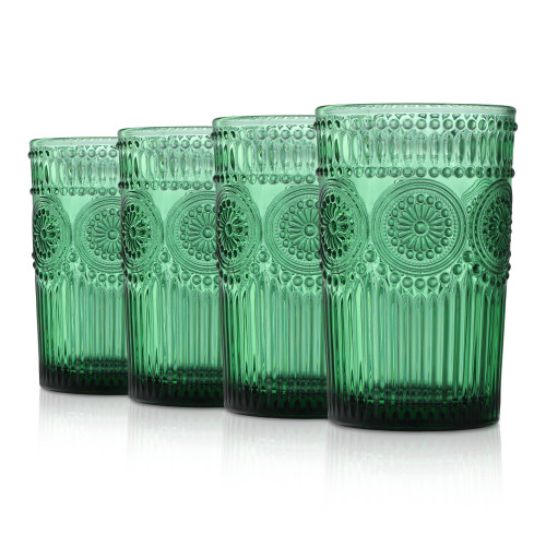 Joeyan Green Vintage Drinking Glasses,Embossed Ribbed Water Glass Cups,Colored Sunflower Patterned Highball,Beaded Tumblers Glassware Set for Beverages Juice,12 oz,Set of 4,Dishwasher Safe