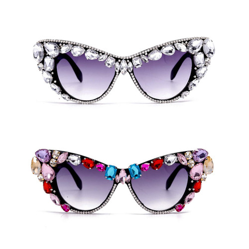 willochra Oversized Diamond Sunglasses Women Rhinestone Cat Eye Sunglasses Vintage Men bling party sunglasses Eyewear (C1&C2)