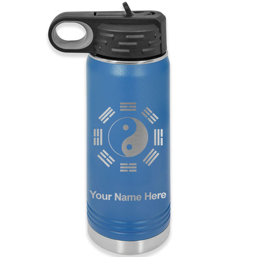 LaserGram 20oz Double Wall Flip Top Water Bottle With Straw, Yin Yang Tai Chi, Personalized Engraving Included (Dark Blue)