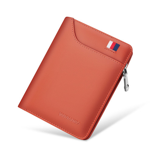 VANNANBA Men's Wallet with Zipper Genuine Leather Credit Card Travel Wallet with Coin Pocket(Brick Red)