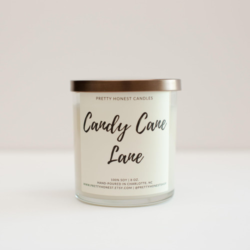Pretty Honest Candles Candy Cane Lane Soy Candle 8oz Clear Jar + Bronze lid, 50+ Hour Burn Time, Made in USA
