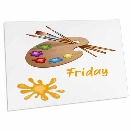 3dRose Artist Palette, Brushes, A blot of Yellow Paint. Friday... - Desk Pad Place Mats (dpd-326140-1)