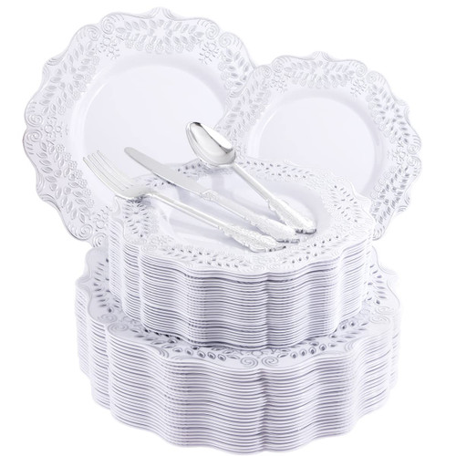 BUCLA 125PCS Silver Plastic Plates with Disposable Cutlery- White and Silver Plastic Dinnerware Include 25 Silver Dinner Plates, 25 Silver Dessert Plates, 25 Knives, 25 Forks, 25 Spoons for Christmas