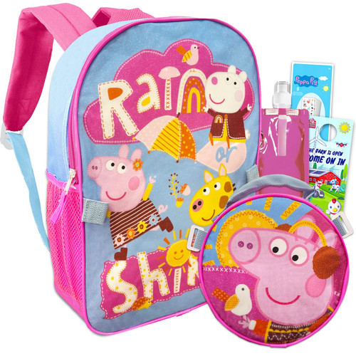 Peppa Pig Backpack with Lunch Box for Kids - 5 Pc Bundle with 16" Peppa Pig School Backpack Bag, Lunch Bag, Water Bottle, Stickers, and More | Peppa Pig Backpack for Girls